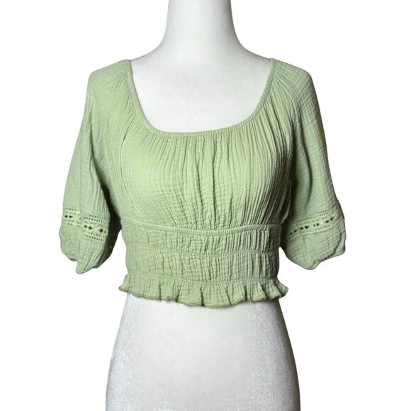 Altard State Womens S Green Peasant Blouse Boho Lace Crop Top Smocked Back Tie - Picture 4 of 10